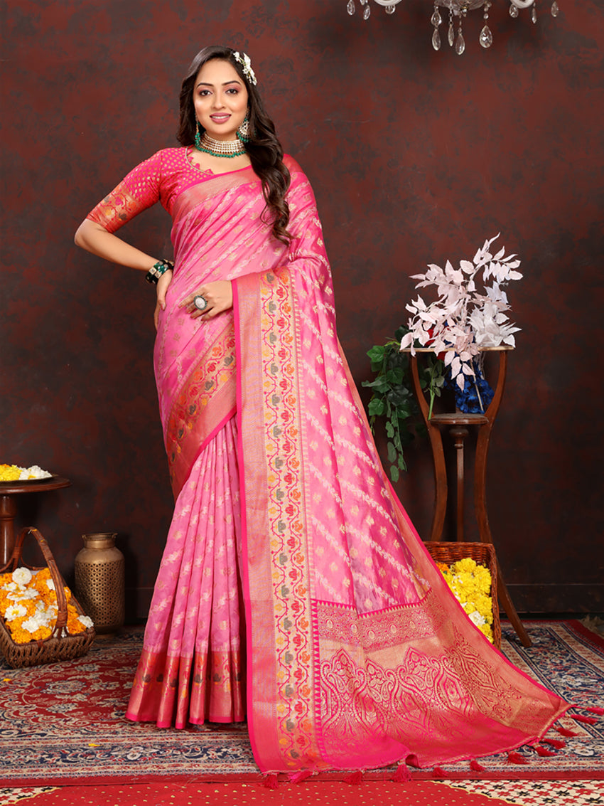 Lorenvalley Fashion Pink Organza Silk Woven Design with Rich Meenakari Weaving Pallu Saree - Swadesiicart