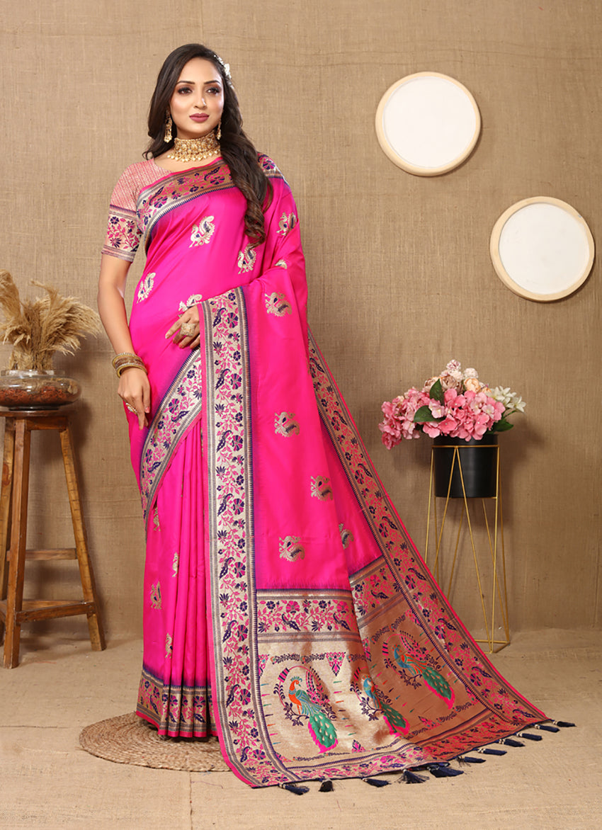 Lorenvalley Fashion Pink Soft Paithani Silk Woven Design Rich Meenakari Zari Weaving Pallu Saree - Swadesiicart