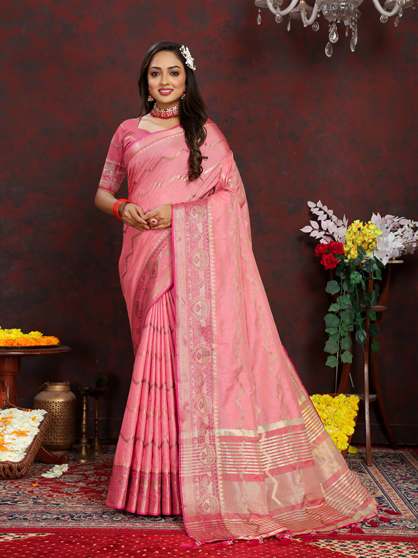 Lorenvalley Fashion Pink Soft Katan Silk Woven Design Zari Weaving Pallu Saree - Swadesiicart