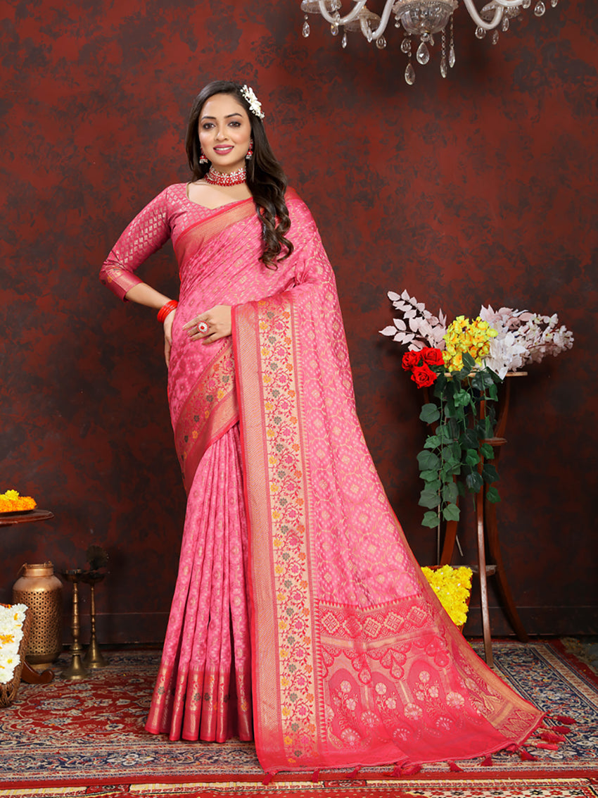Lorenvalley Fashion Pink Organza Silk Woven Design with Rich Meenakari Weaving Pallu Saree - Swadesiicart