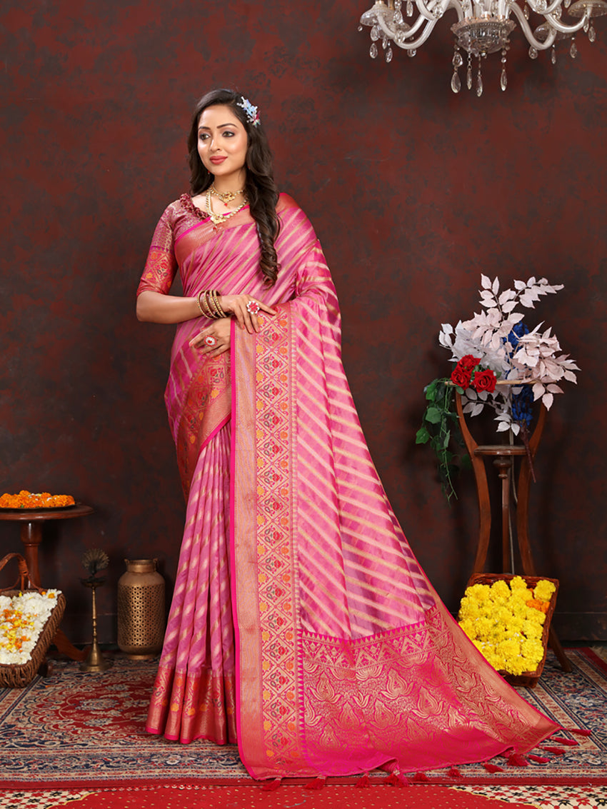 Lorenvalley Fashion Pink Organza Silk Woven Design with Rich Meenakari Weaving Pallu Saree - Swadesiicart