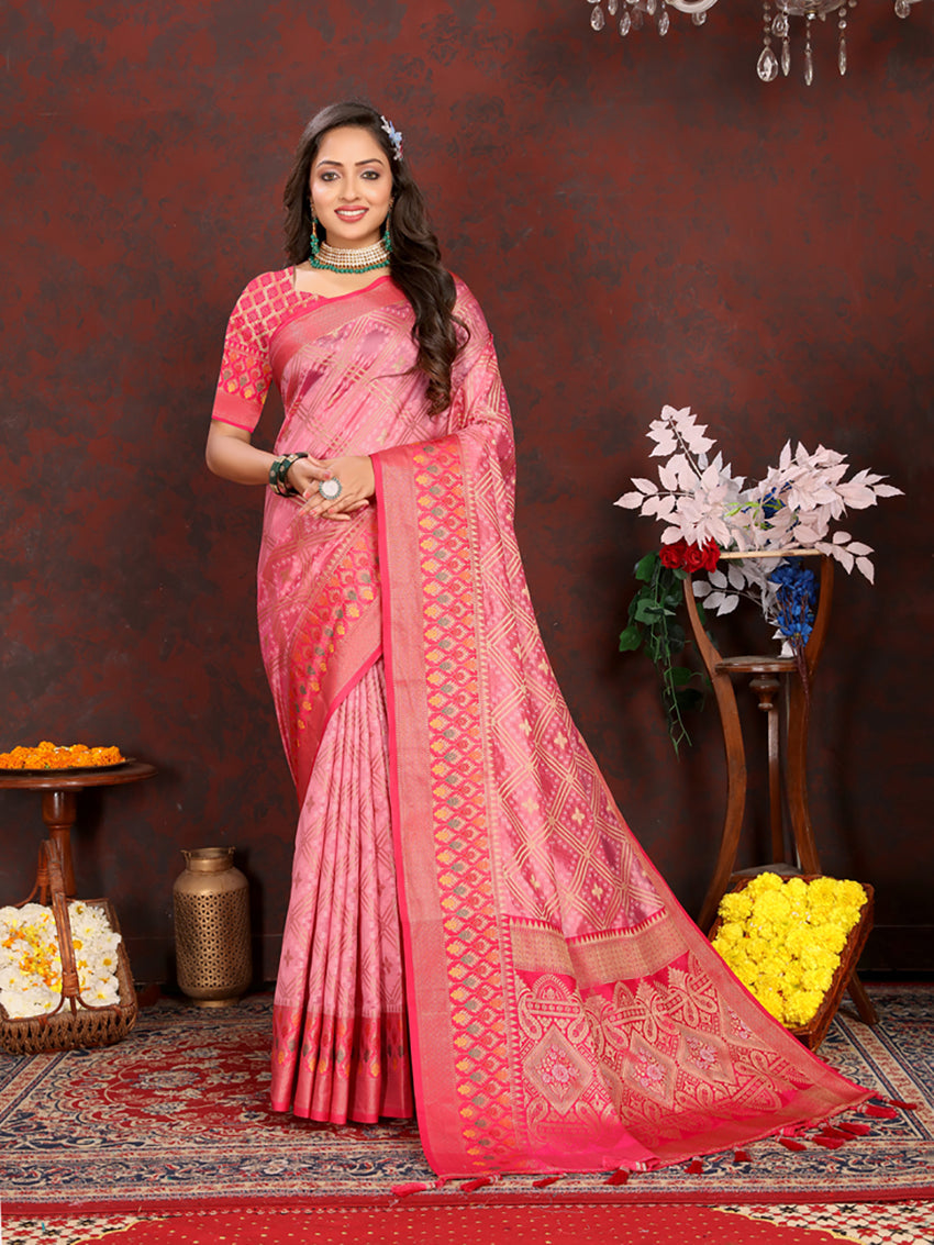 Lorenvalley Fashion Pink Organza Silk Woven Design with Rich Meenakari Weaving Pallu Saree - Swadesiicart