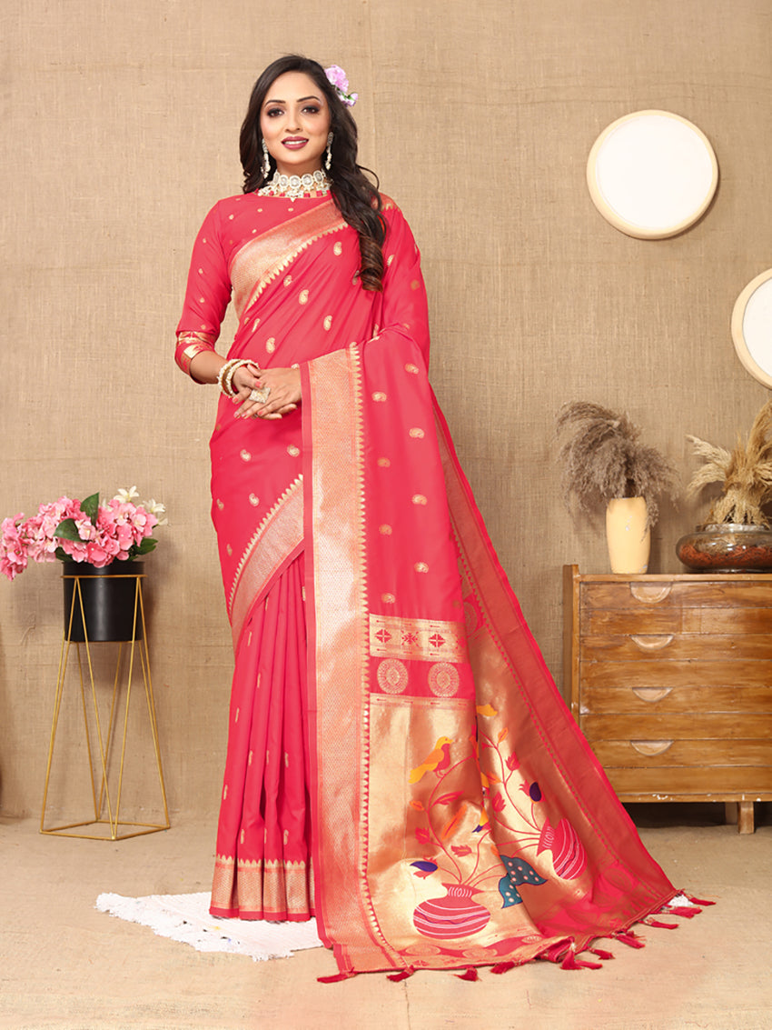 Lorenvalley Fashion Pink Soft Paithani Silk Woven Design Rich Zari Meenakari Weaving Saree - Swadesiicart