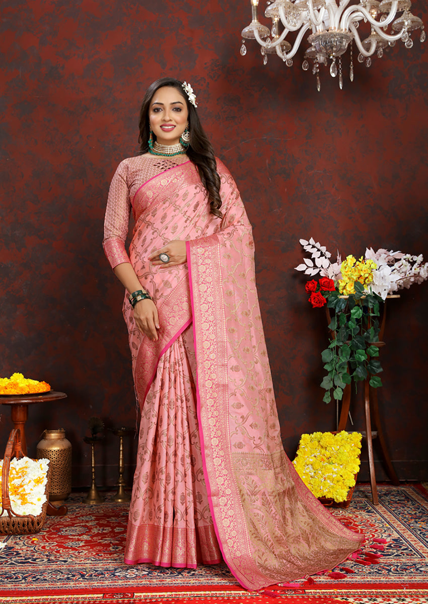 Lorenvalley Fashion Pink Soft Katan Silk Woven Design Rich Zari Weaving Pallu Saree - Swadesiicart