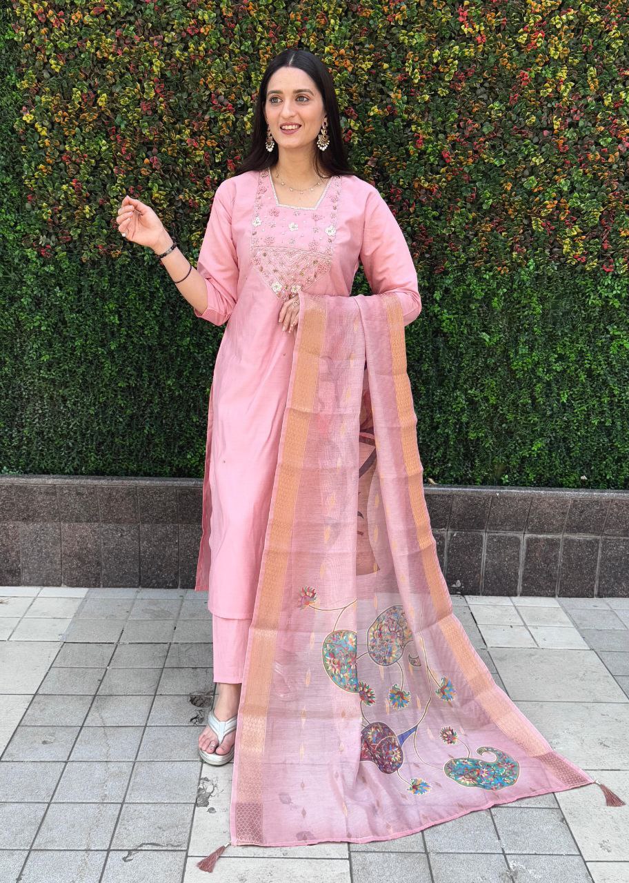 Lorenvalley Fashion Pink Roman Silk Hand Work Kurta Pant with Dupatta - Swadesiicart