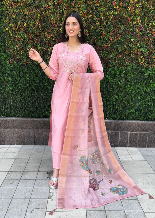 Lorenvalley Fashion Pink Roman Silk Hand Work Kurta Pant with Dupatta - Swadesiicart