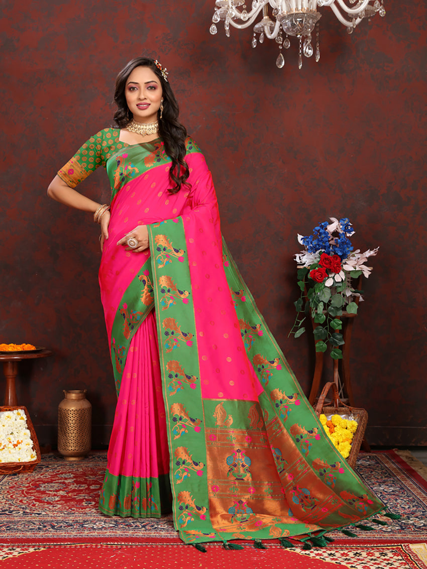 Lorenvalley Fashion Pink Soft Paithani Silk Woven Design Rich Zari Meenakari Weaving Saree - Swadesiicart