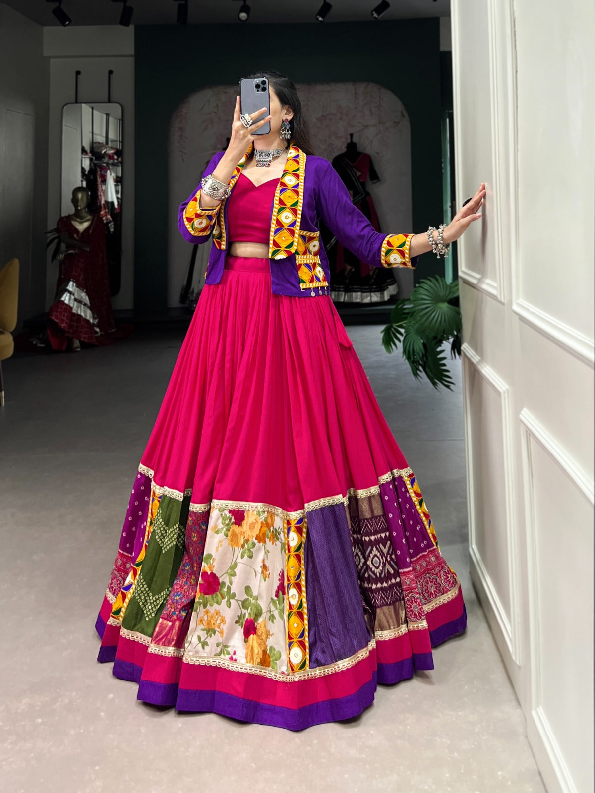 Lorenvalley Pink Pure Rayon with Plain With Printed And Gamthi Patch Work With Lace Touch Up Lehenga Choli | Swadesiicart