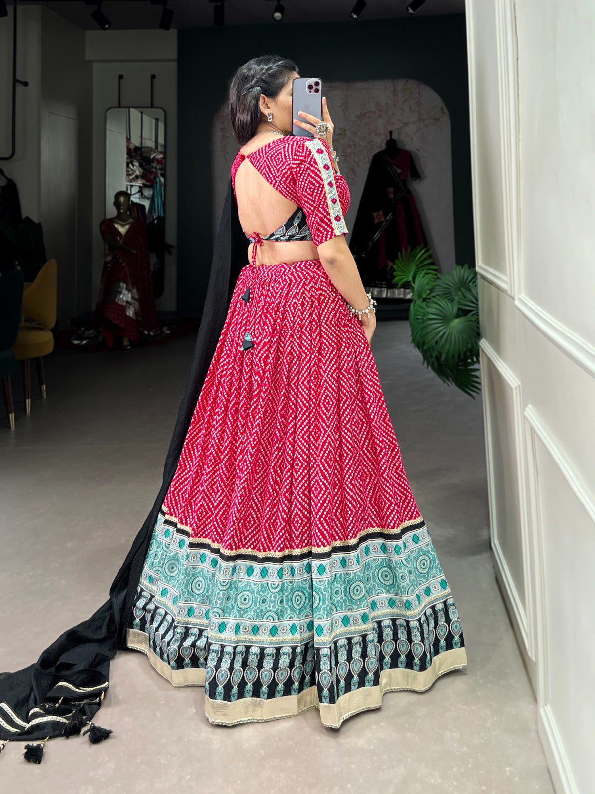 Lorenvalley Pink Rayon with Bandhej And Ajarakh Print With Embossed Design Gota Lace Touch up Lehenga Choli | Swadesiicart
