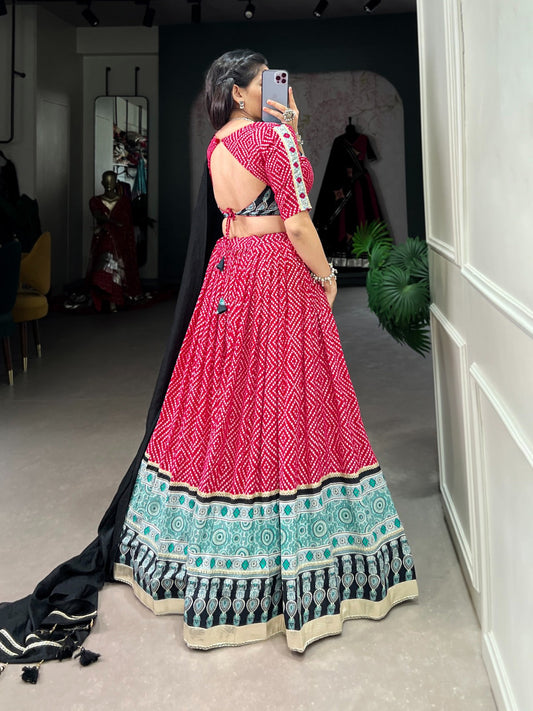 Lorenvalley Pink Rayon with Bandhej And Ajarakh Print With Embossed Design Gota Lace Touch up Lehenga Choli | Swadesiicart
