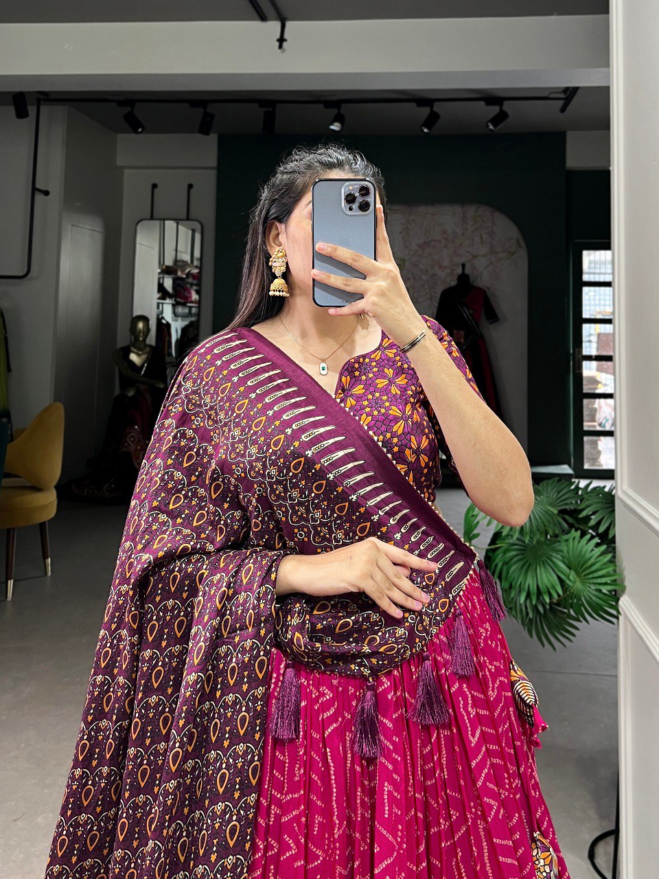Lorenvalley Pink Tussar Silk Bandhej And Ajarakh Print Lehenga Choli with Dupatta | Swadesiicart