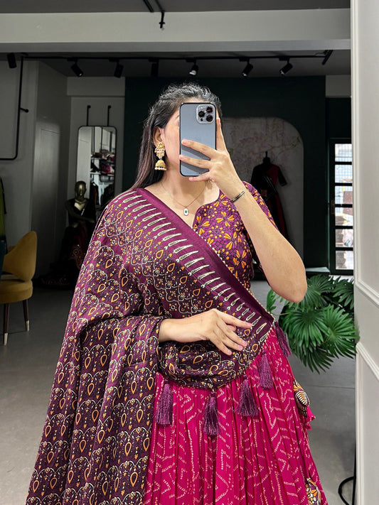 Lorenvalley Pink Tussar Silk Bandhej And Ajarakh Print Lehenga Choli with Dupatta | Swadesiicart