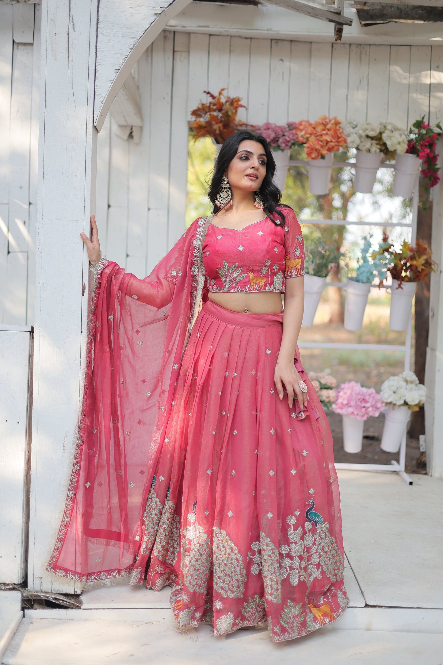 Lorenvalley Pink Gold Coin Fabric with Sequins and Thread Embroidered work Lehenga Choli with Dupatta | Swadesiicart