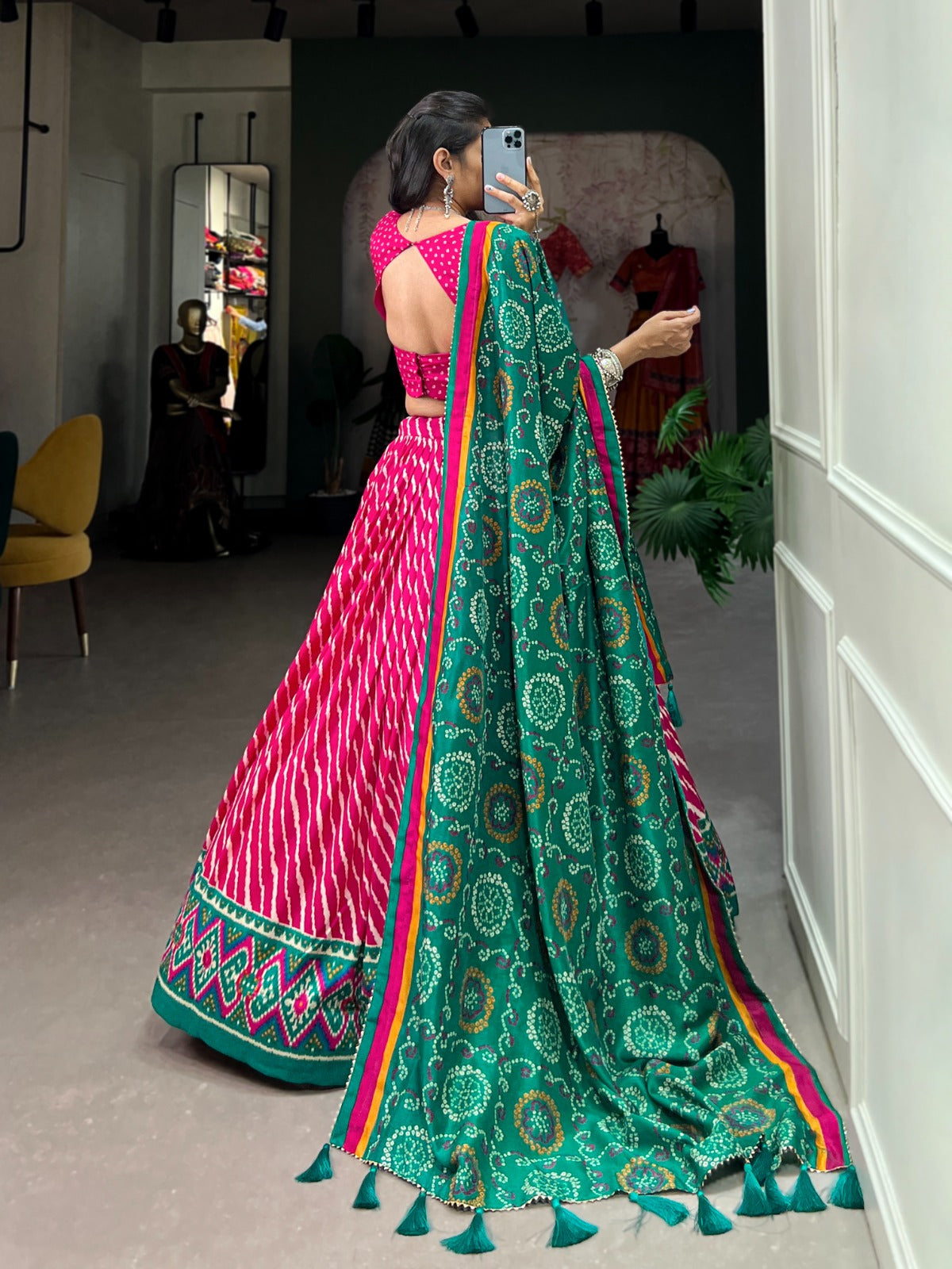 Lorenvalley Pink Tussar Silk Lehenga Leheriya Patola Print Border With Choli Bandhej Print With Bandhej Print Gotta Patti Lace Border Dupatta | Swadesiicart