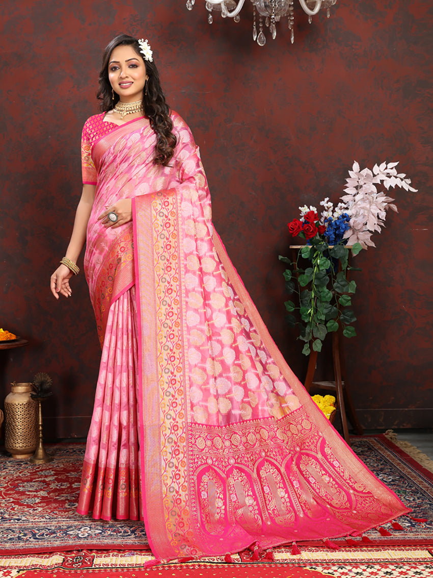 Lorenvalley Fashion Pink Organza Silk Woven Design with Rich Meenakari Weaving Pallu Saree - Swadesiicart