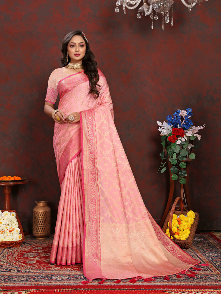 Lorenvalley Fashion Pink Soft Katan Silk Woven Design Zari Weaving Pallu Saree - Swadesiicart