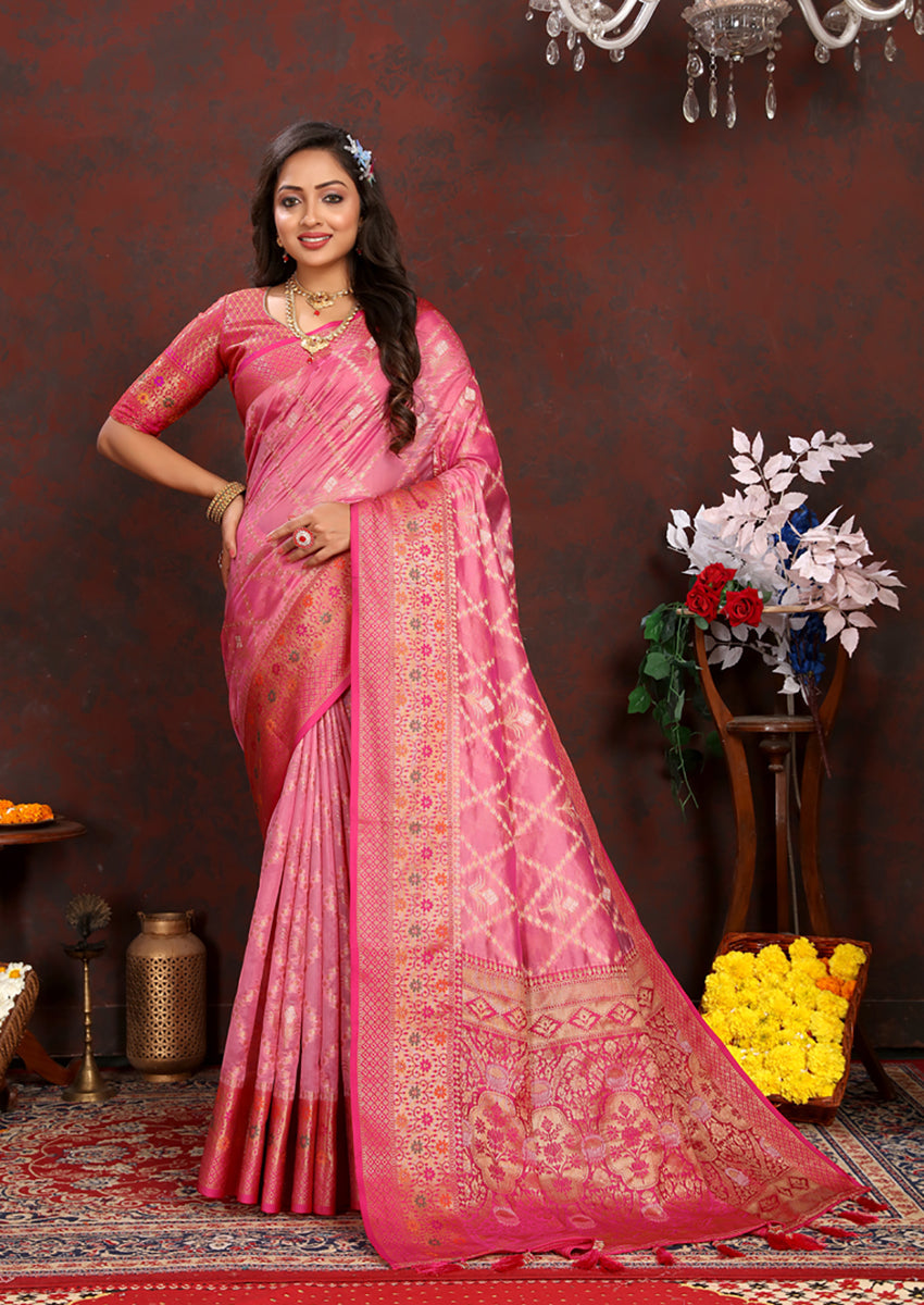 Lorenvalley Fashion Pink Organza Silk Woven Design with Rich Meenakari Weaving Pallu Saree - Swadesiicart