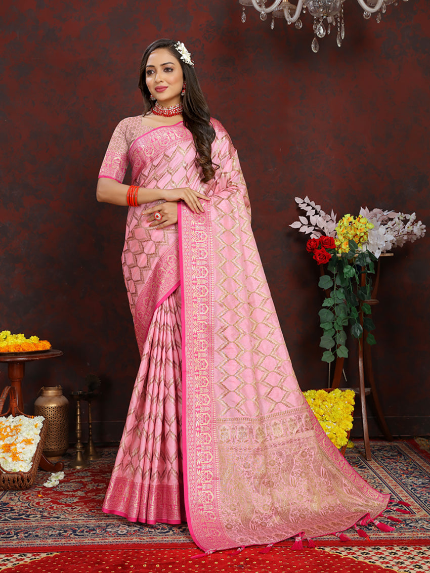 Lorenvalley Fashion Pink Soft Katan Silk Woven Design Rich Zari Weaving Pallu Saree - Swadesiicart