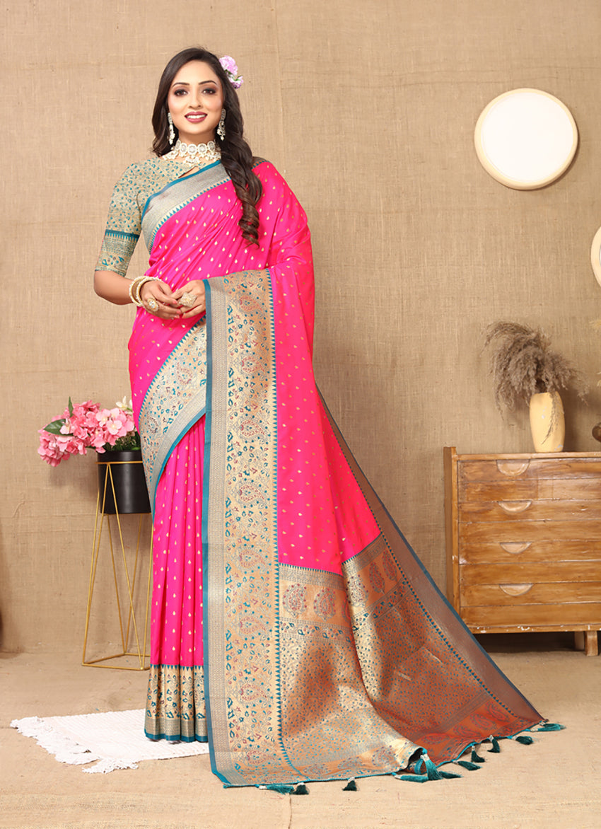 Lorenvalley Fashion Pink Soft Silk weaving Design Rich Zari Weaving Saree - Swadesiicart