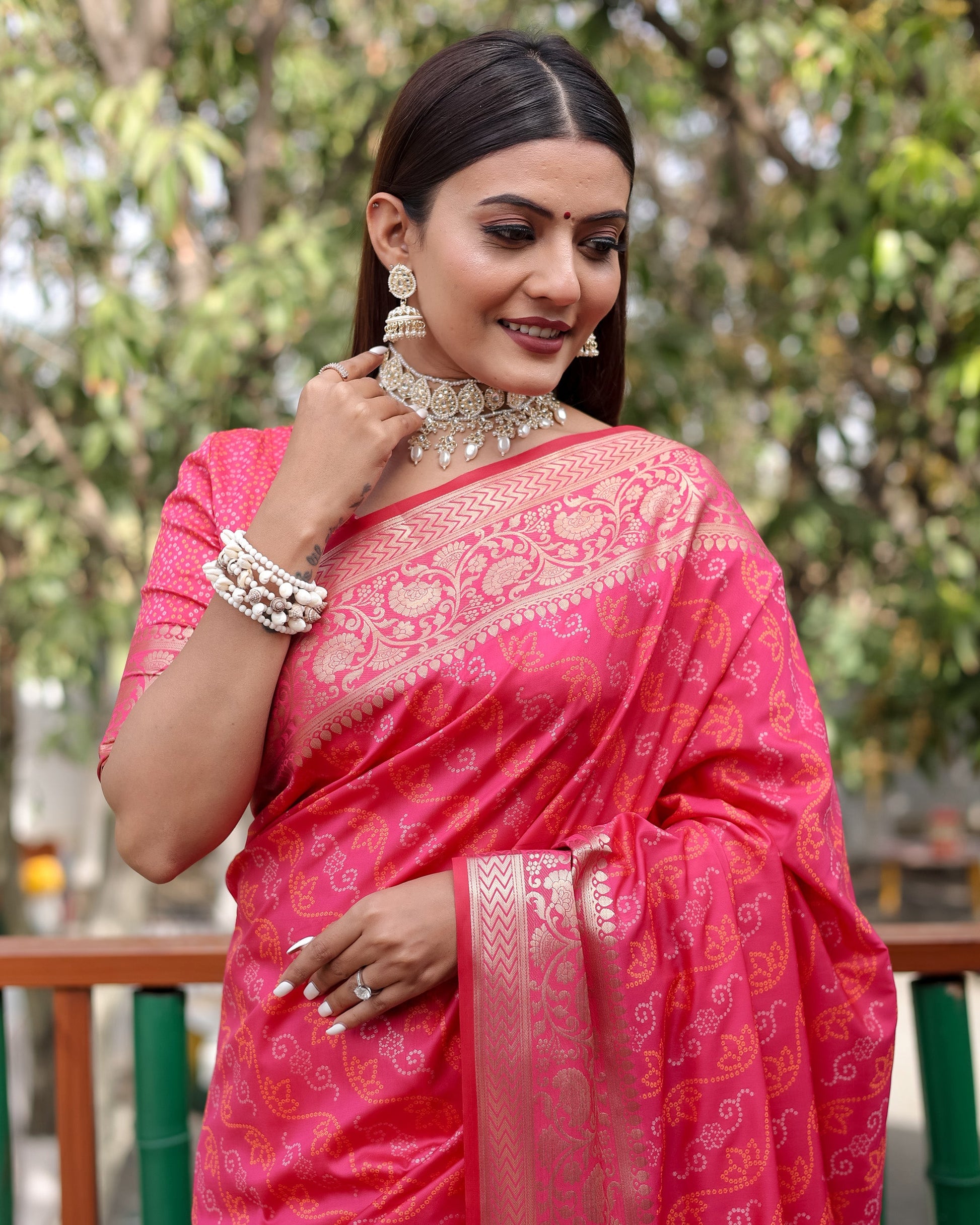 Lorenvalley Premium Bandhej Patola Silk Sarees with kanchi Borders and Contrast Zari Weaving borders Saree - Pink - Swadesiicart