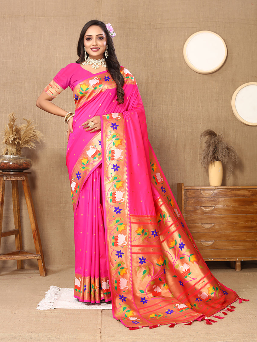 Lorenvalley Fashion Pink Soft Paithani Silk Woven Design Rich Zari Meenakari Weaving Saree - Swadesiicart