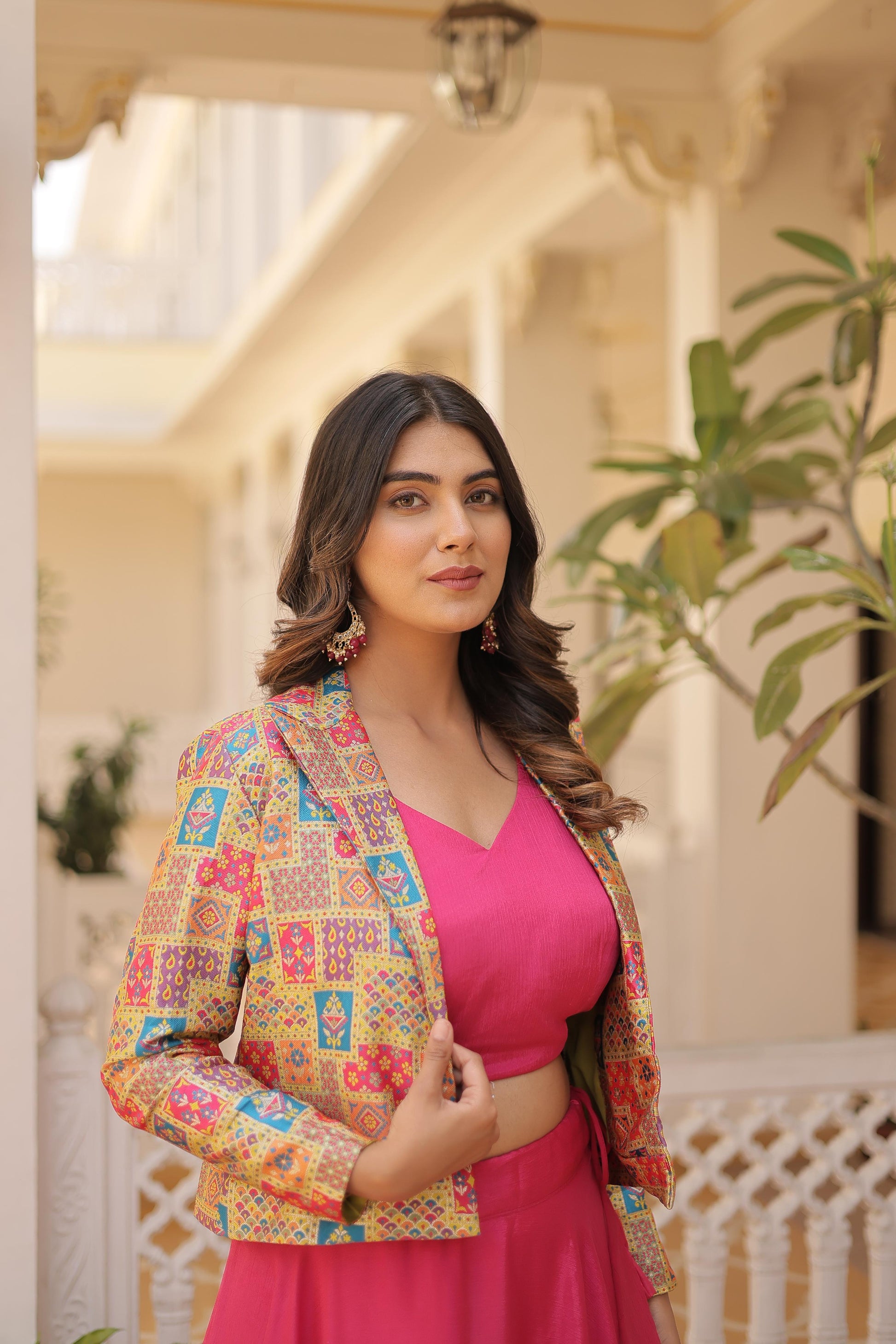 Lorenvalley Pink Premium Chinnon Lehenga Choli with Jacquard Woven Design Koti | Swadesiicart