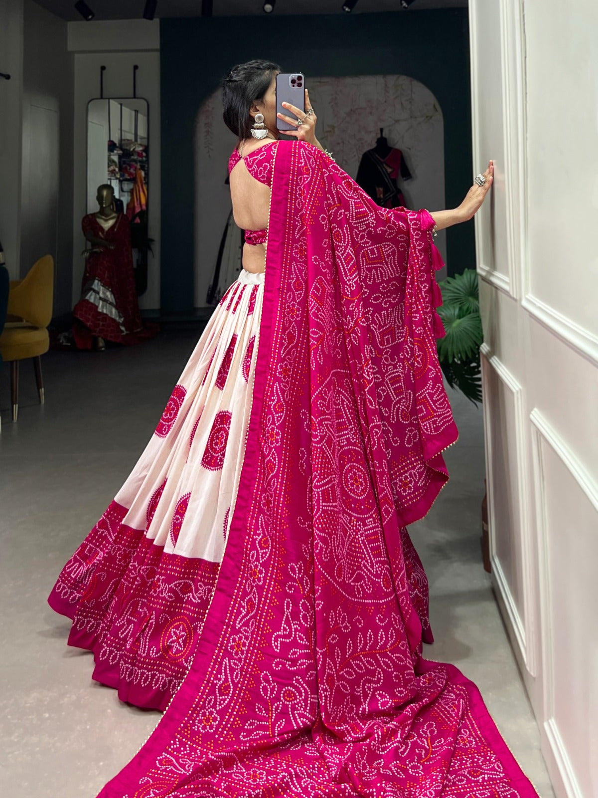 Lorenvalley Pink Tussar Silk with Bandhej Print Lehenga Choli | Swadesiicart