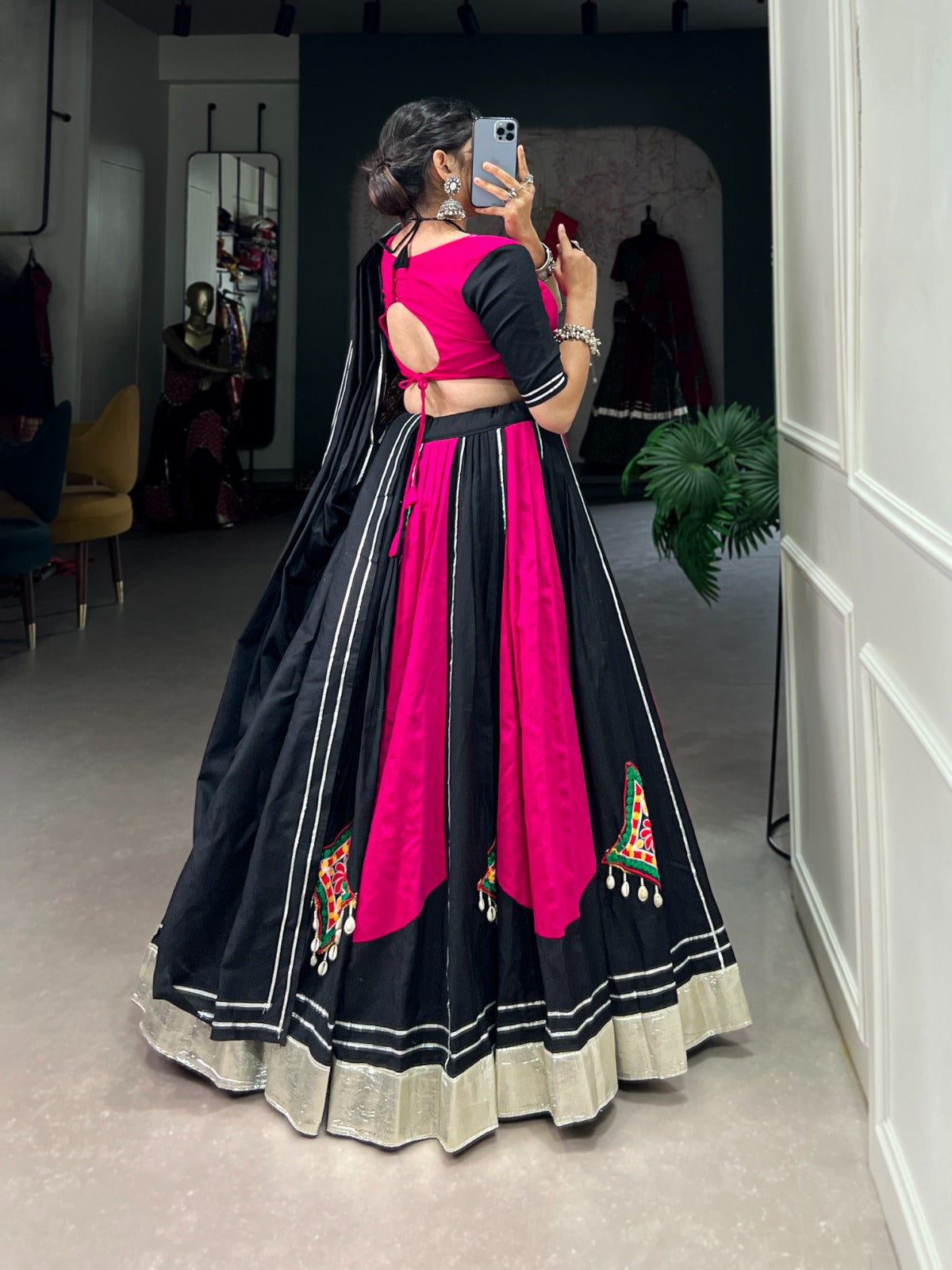 Lorenvalley Pink and Black Plain With Gamthi Patch Work & Gota Patti Lace also cowrie (kodi) lace touch up Lehenga Choli | Swadesiicart