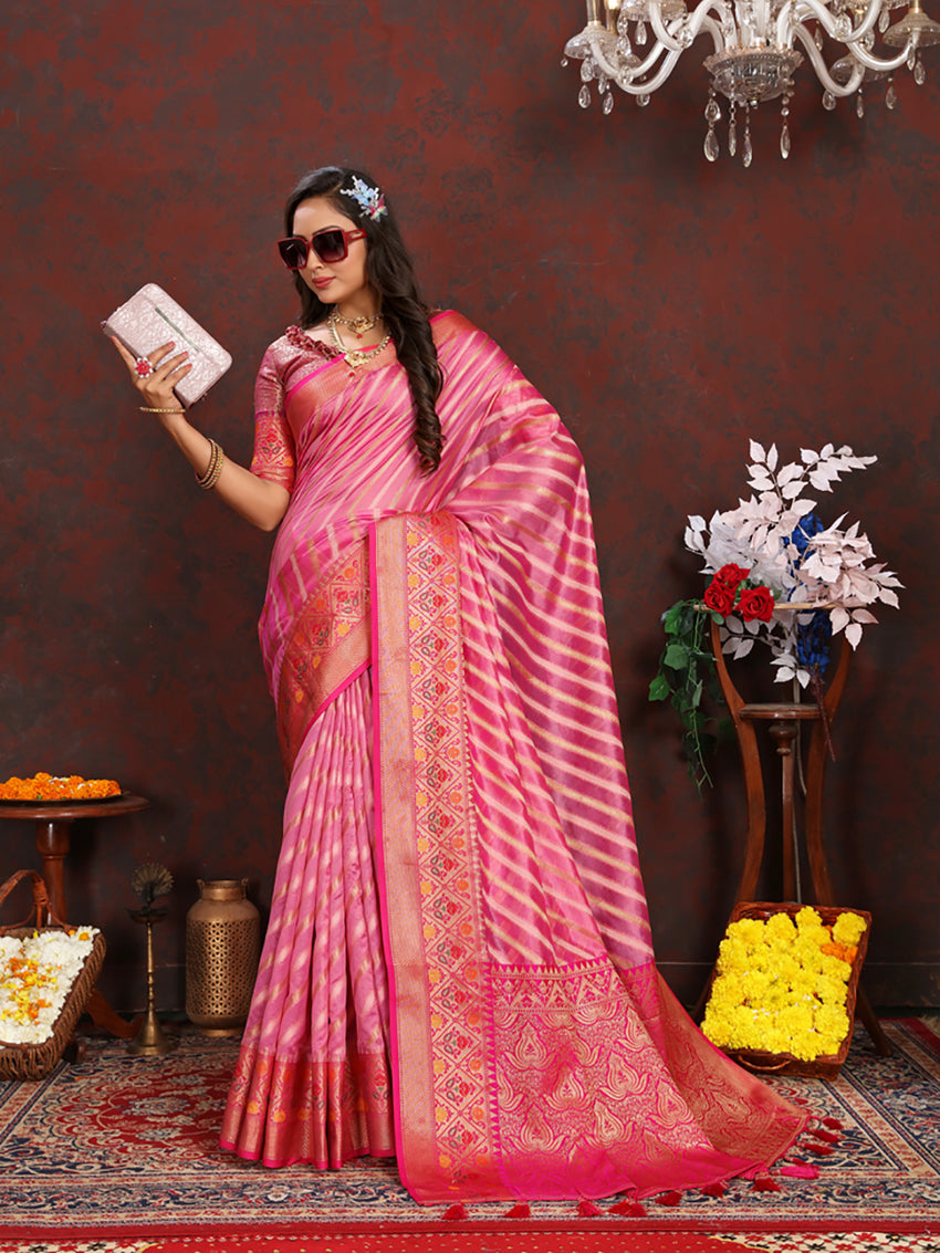 Lorenvalley Fashion Pink Organza Silk Woven Design with Rich Meenakari Weaving Pallu Saree - Swadesiicart