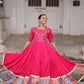 Lorenvalley Fashion Pink Roman Silk with Thread with mirror work & Maslin Crochet Print Work Gown | Swadesiicart