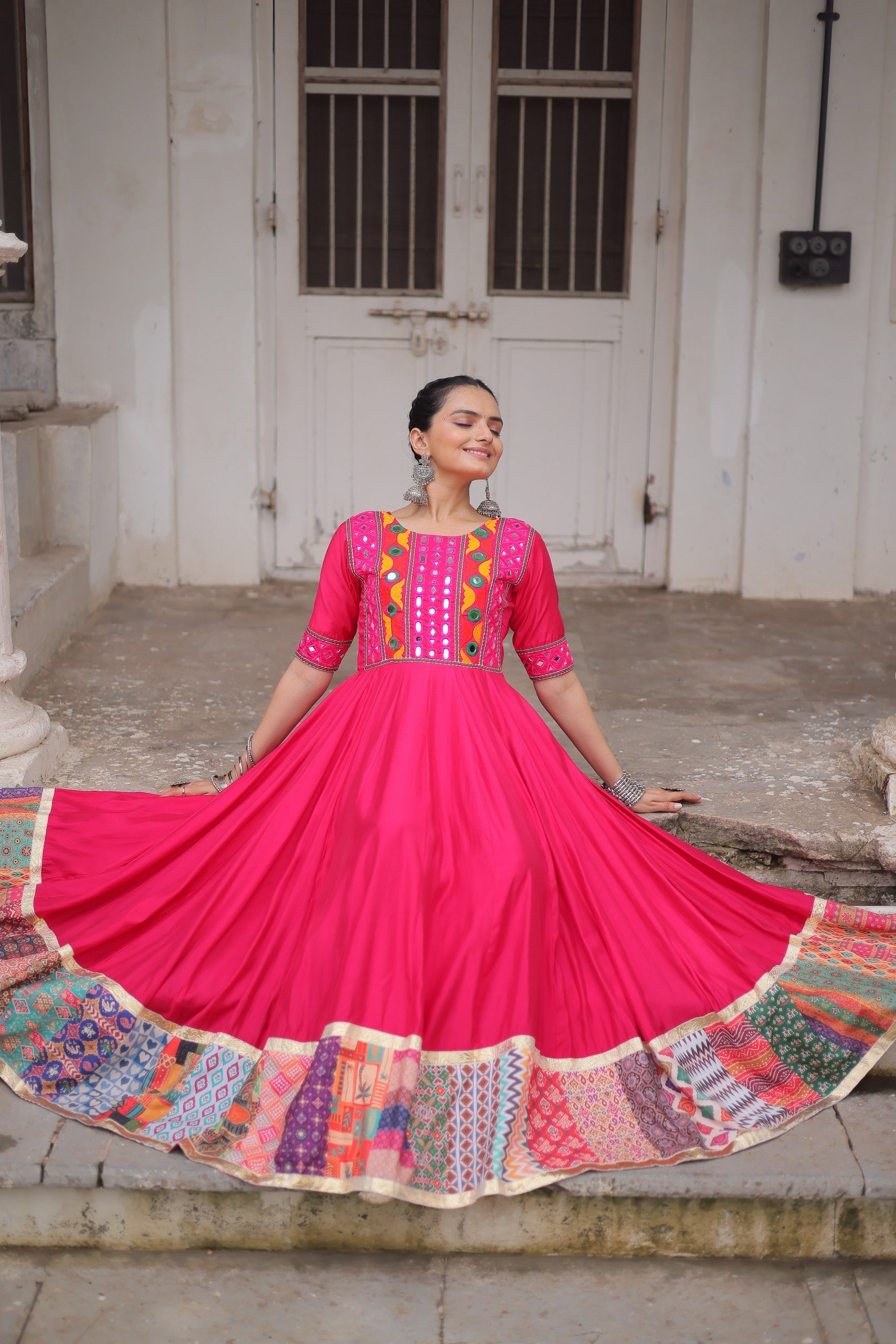 Lorenvalley Fashion Pink Roman Silk with Thread with mirror work & Maslin Crochet Print Work Gown | Swadesiicart