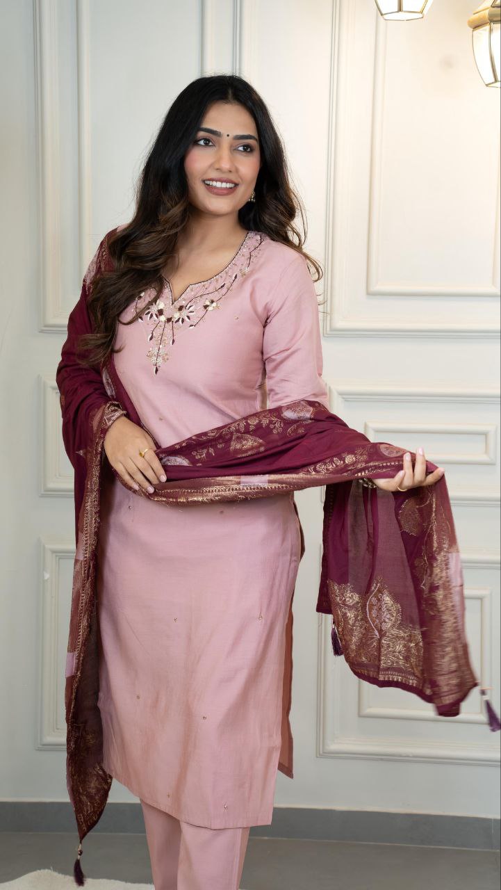 Lorenvalley Fashion Pink Roman Silk Hand Work Kurta Pant with Dupatta - Swadesiicart