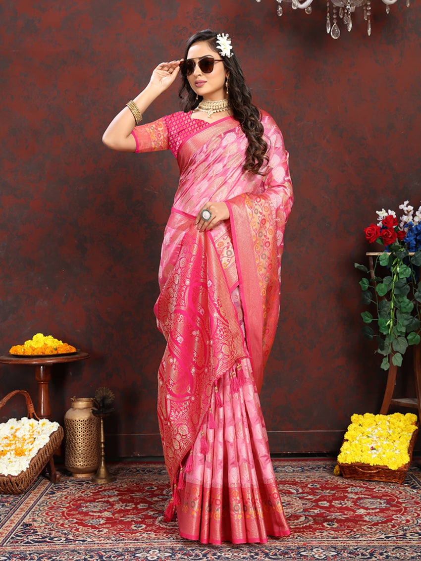 Lorenvalley Fashion Pink Organza Silk Woven Design with Rich Meenakari Weaving Pallu Saree - Swadesiicart