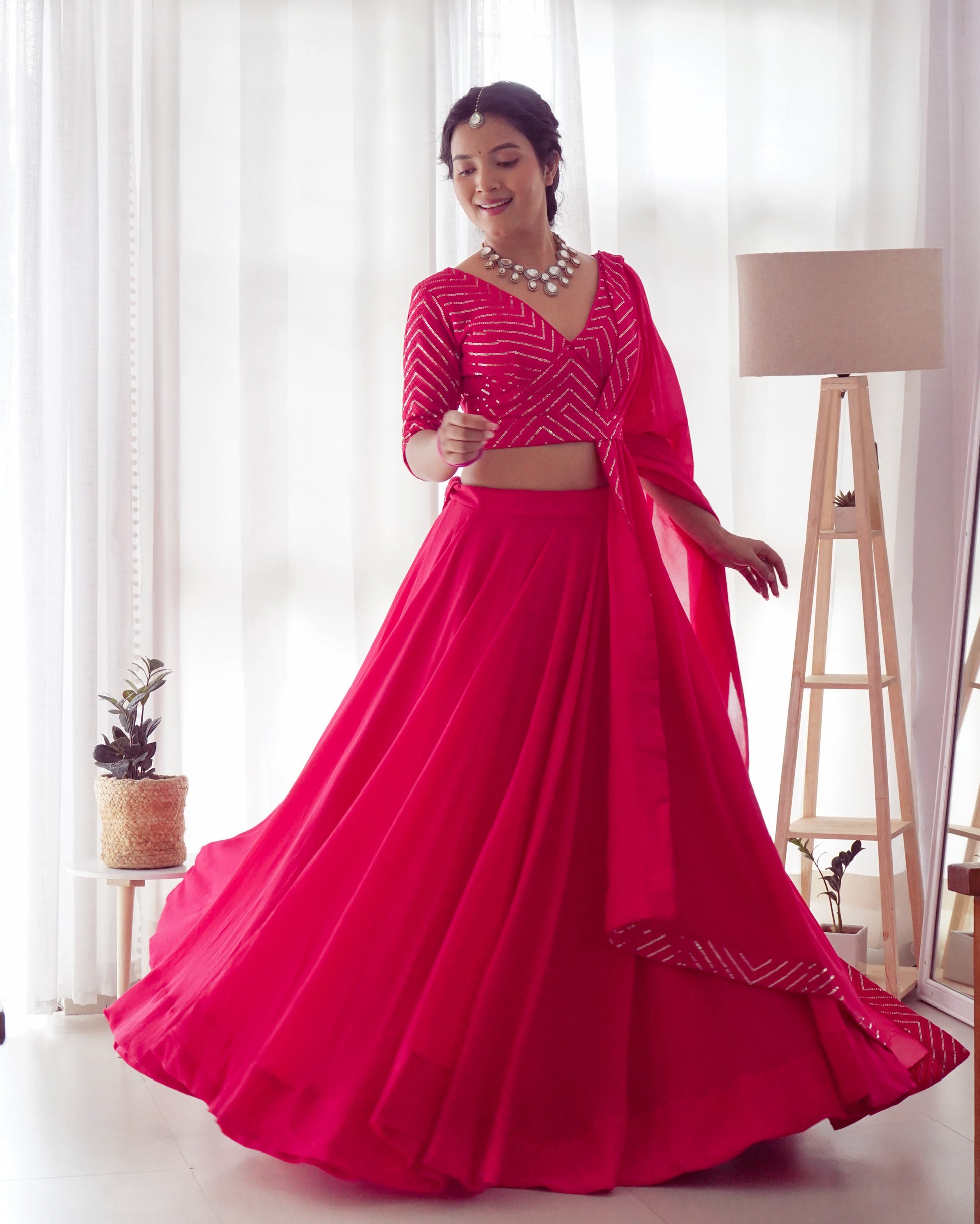 Lorenvalley Pink Faux Georgette Plain Micro Cotton Full Inner with Canvas Patta Double Lining Lehenga Choli | Swadesiicart