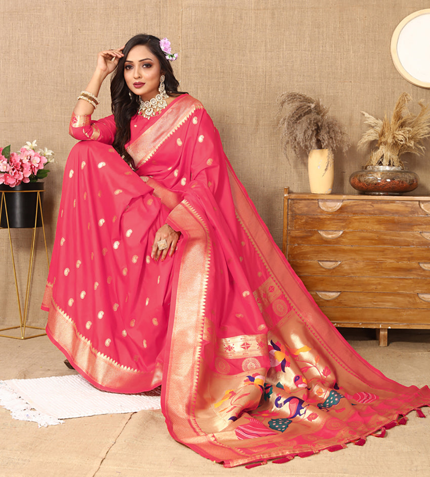 Lorenvalley Fashion Pink Soft Paithani Silk Woven Design Rich Zari Meenakari Weaving Saree - Swadesiicart