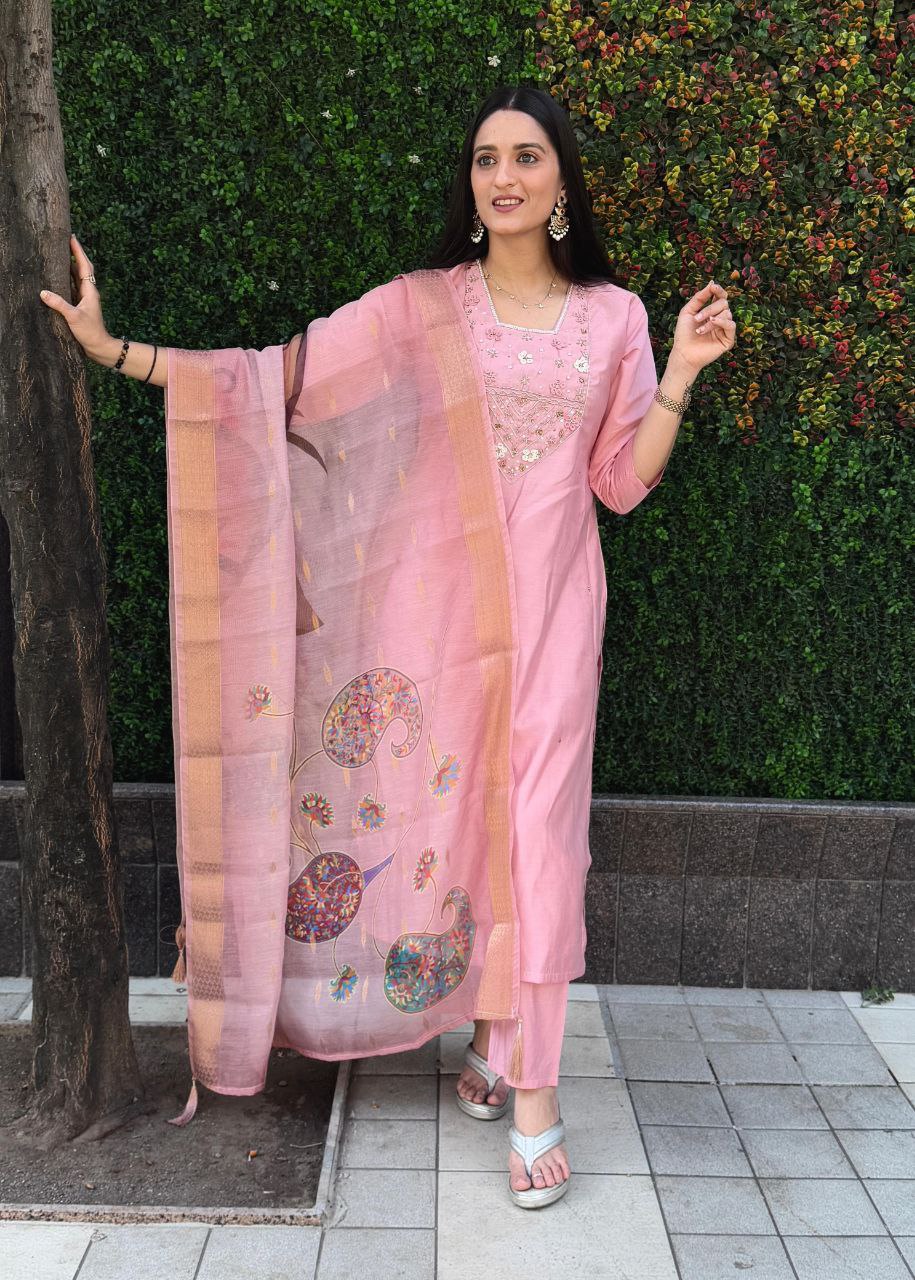 Lorenvalley Fashion Pink Roman Silk Hand Work Kurta Pant with Dupatta - Swadesiicart