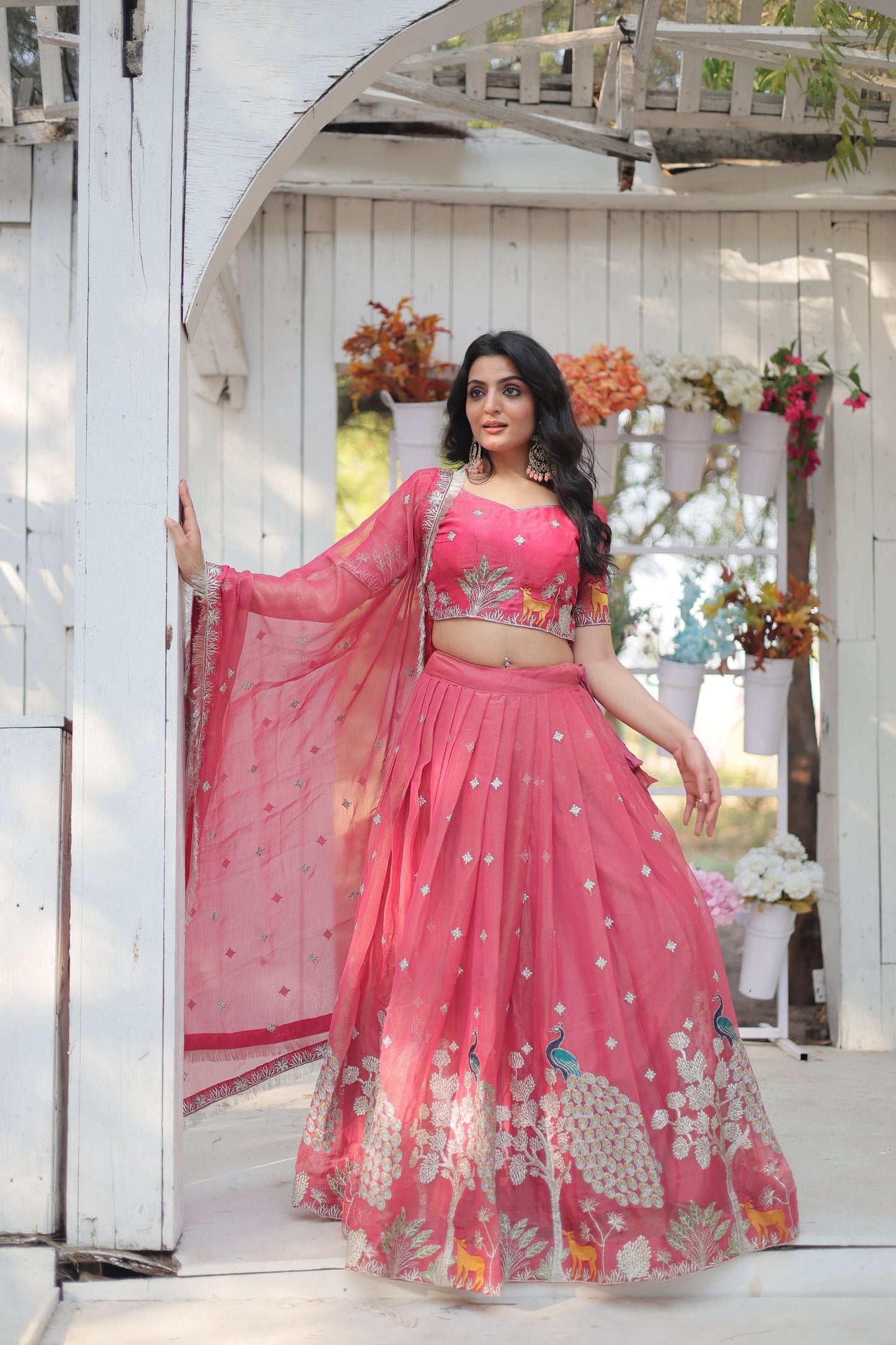 Lorenvalley Pink Gold Coin Fabric with Sequins and Thread Embroidered work Lehenga Choli with Dupatta | Swadesiicart