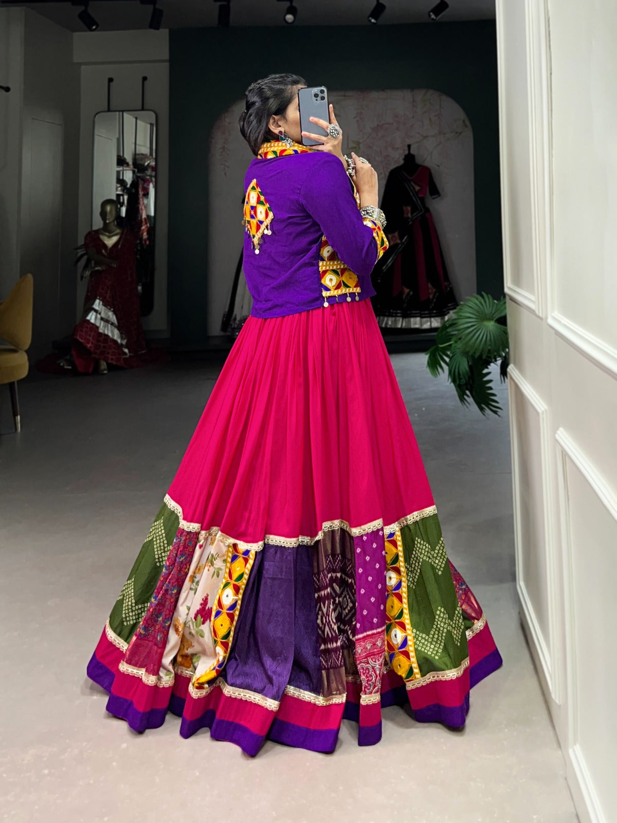 Lorenvalley Pink Pure Rayon with Plain With Printed And Gamthi Patch Work With Lace Touch Up Lehenga Choli | Swadesiicart