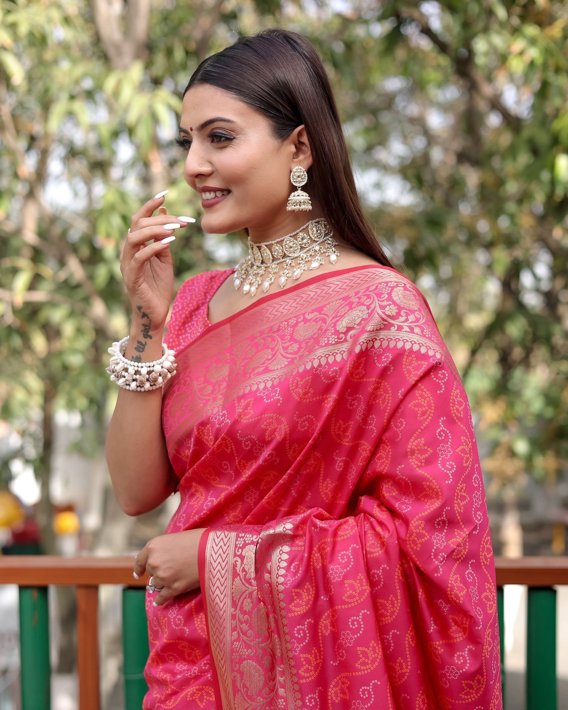 Lorenvalley Premium Bandhej Patola Silk Sarees with kanchi Borders and Contrast Zari Weaving borders Saree - Pink - Swadesiicart