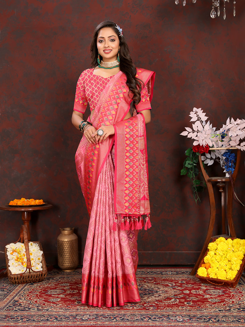 Lorenvalley Fashion Pink Organza Silk Woven Design with Rich Meenakari Weaving Pallu Saree - Swadesiicart