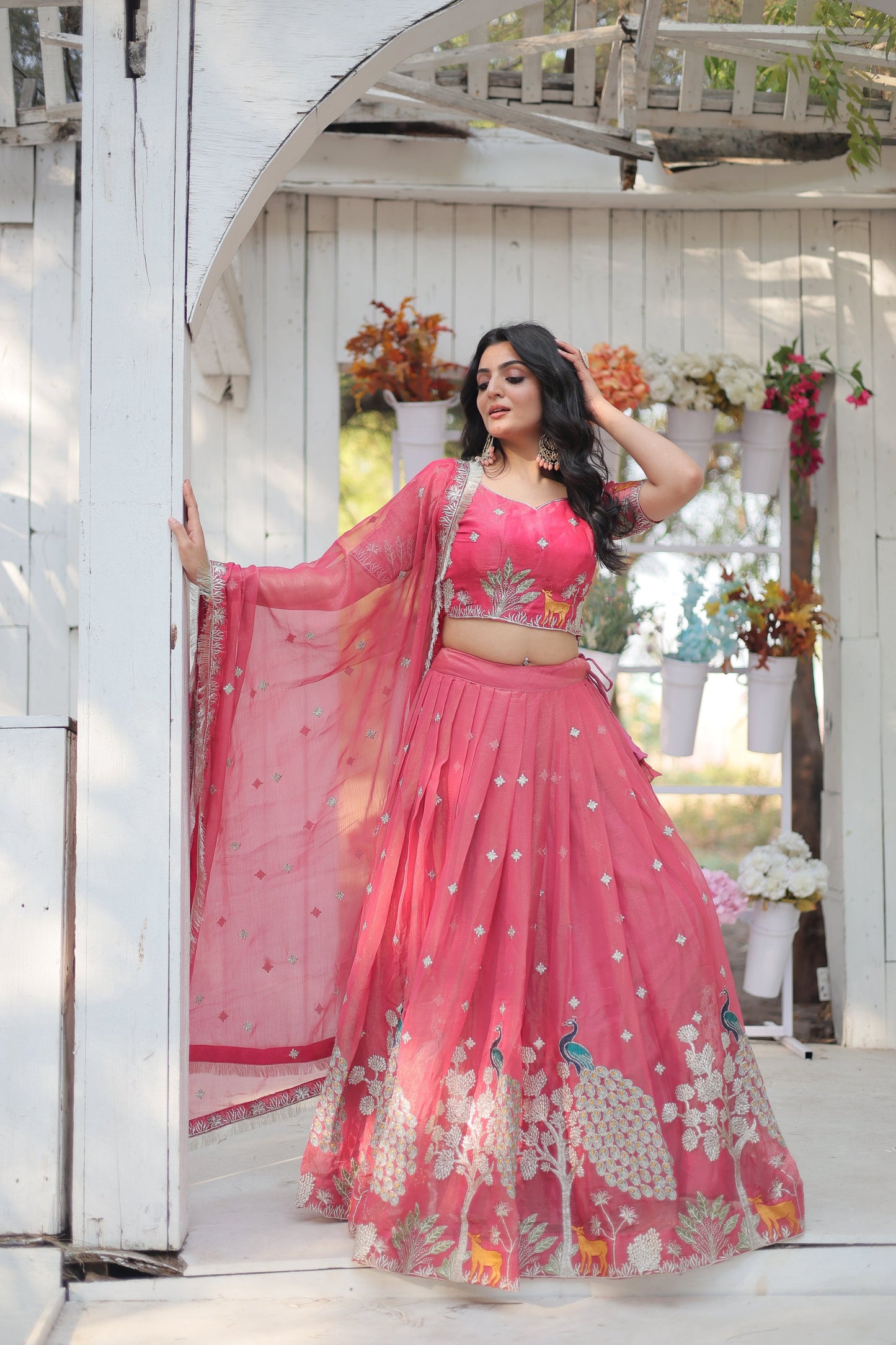 Lorenvalley Pink Gold Coin Fabric with Sequins and Thread Embroidered work Lehenga Choli with Dupatta | Swadesiicart