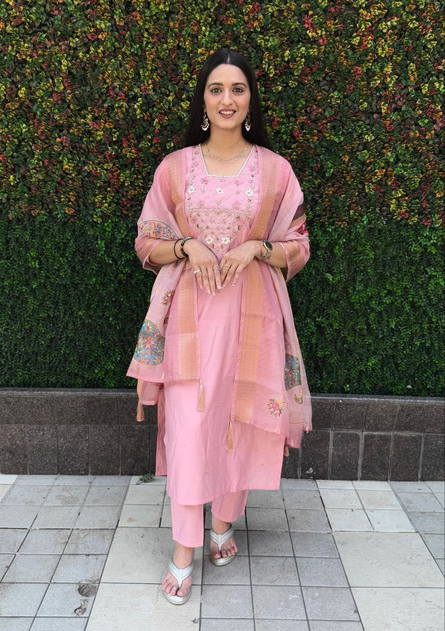 Lorenvalley Fashion Pink Roman Silk Hand Work Kurta Pant with Dupatta - Swadesiicart