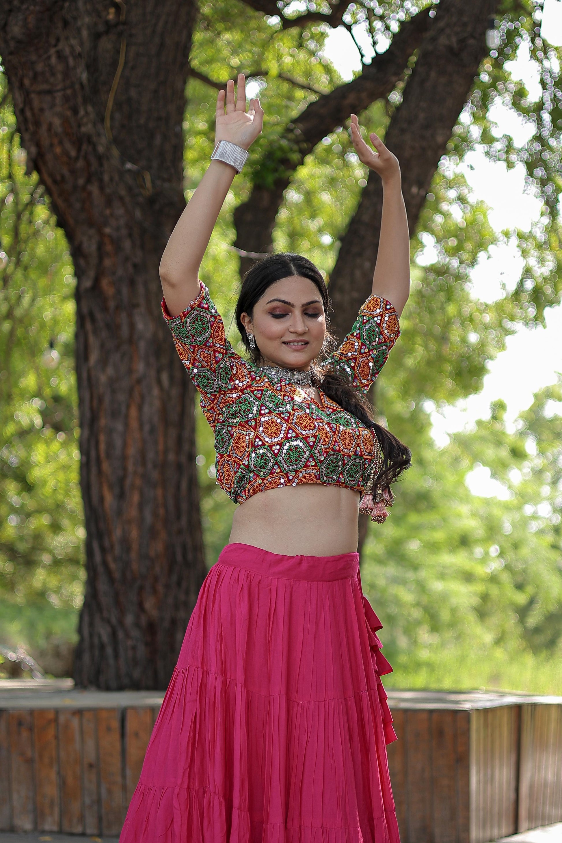 Lorenvalley Pink Premium Rayon Lehenga with Georgette Embroidered Traditional Thread work Choli | Swadesiicart