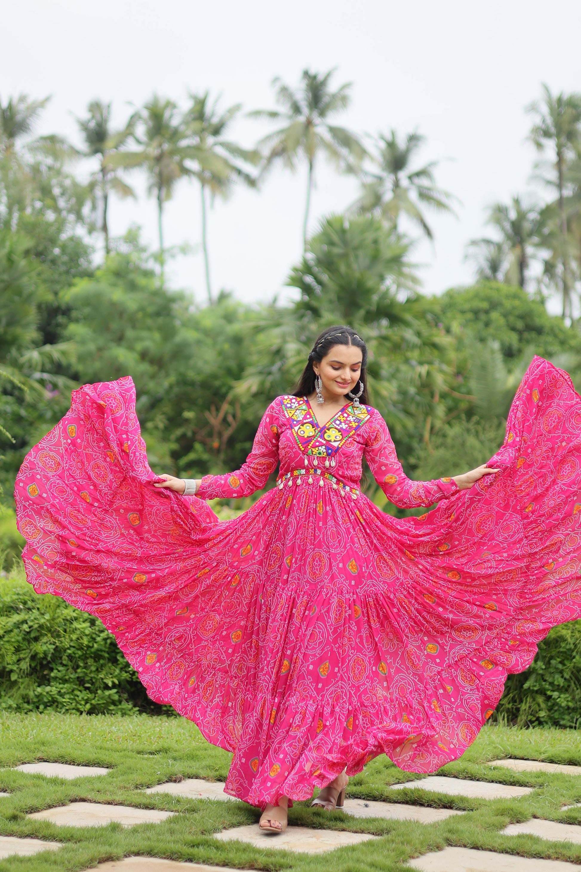 Lorenvalley Pink Faux Georgette Bandhani Print Work With Kutchi Patch Work Gown | Swadesiicart