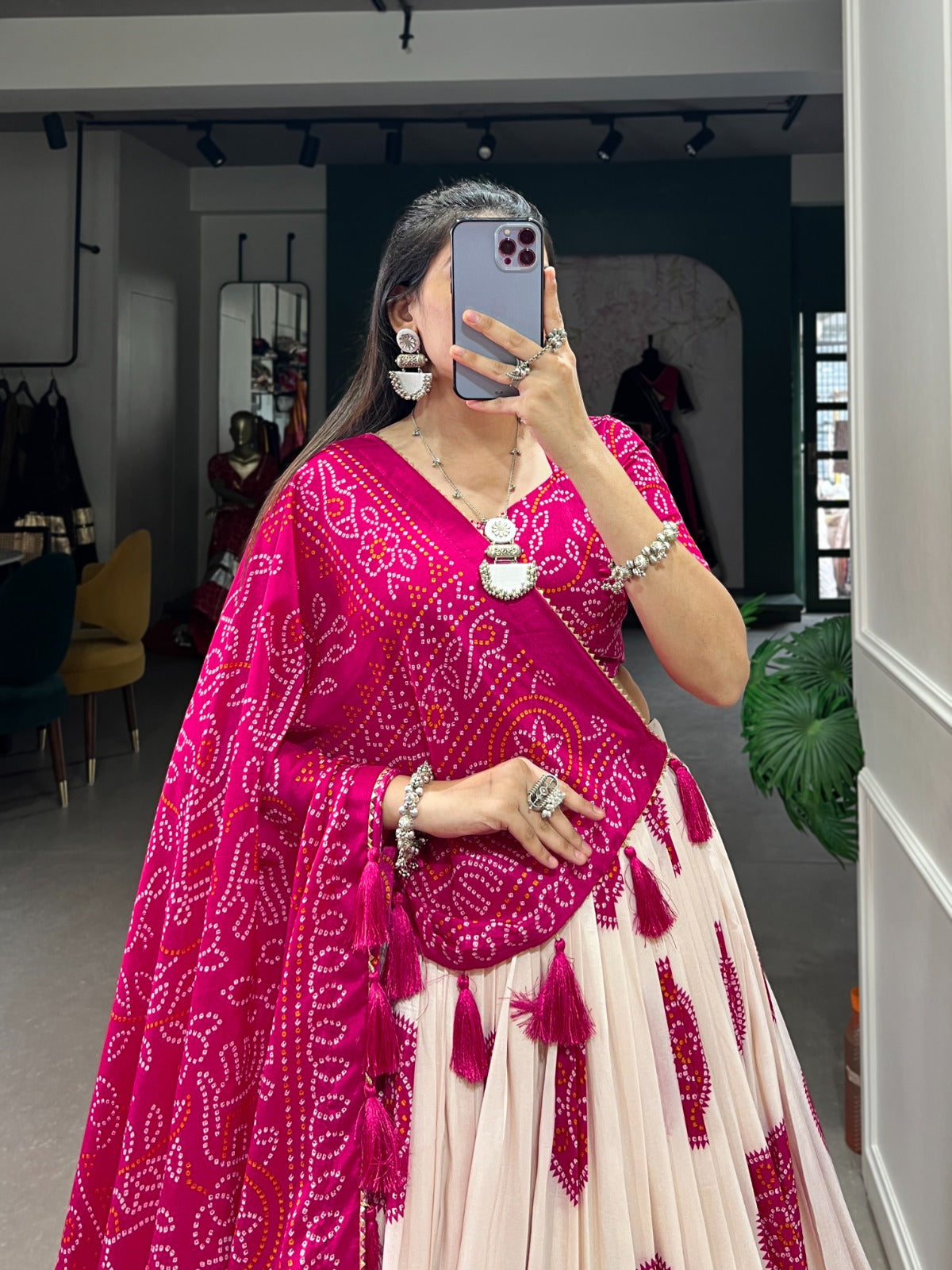 Lorenvalley Pink Tussar Silk with Bandhej Print Lehenga Choli | Swadesiicart