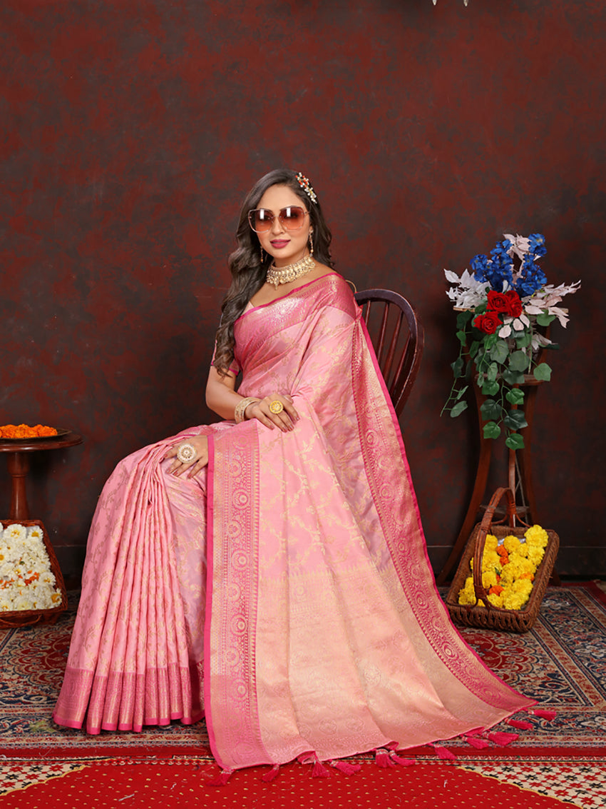 Lorenvalley Fashion Pink Soft Katan Silk Woven Design Zari Weaving Pallu Saree - Swadesiicart