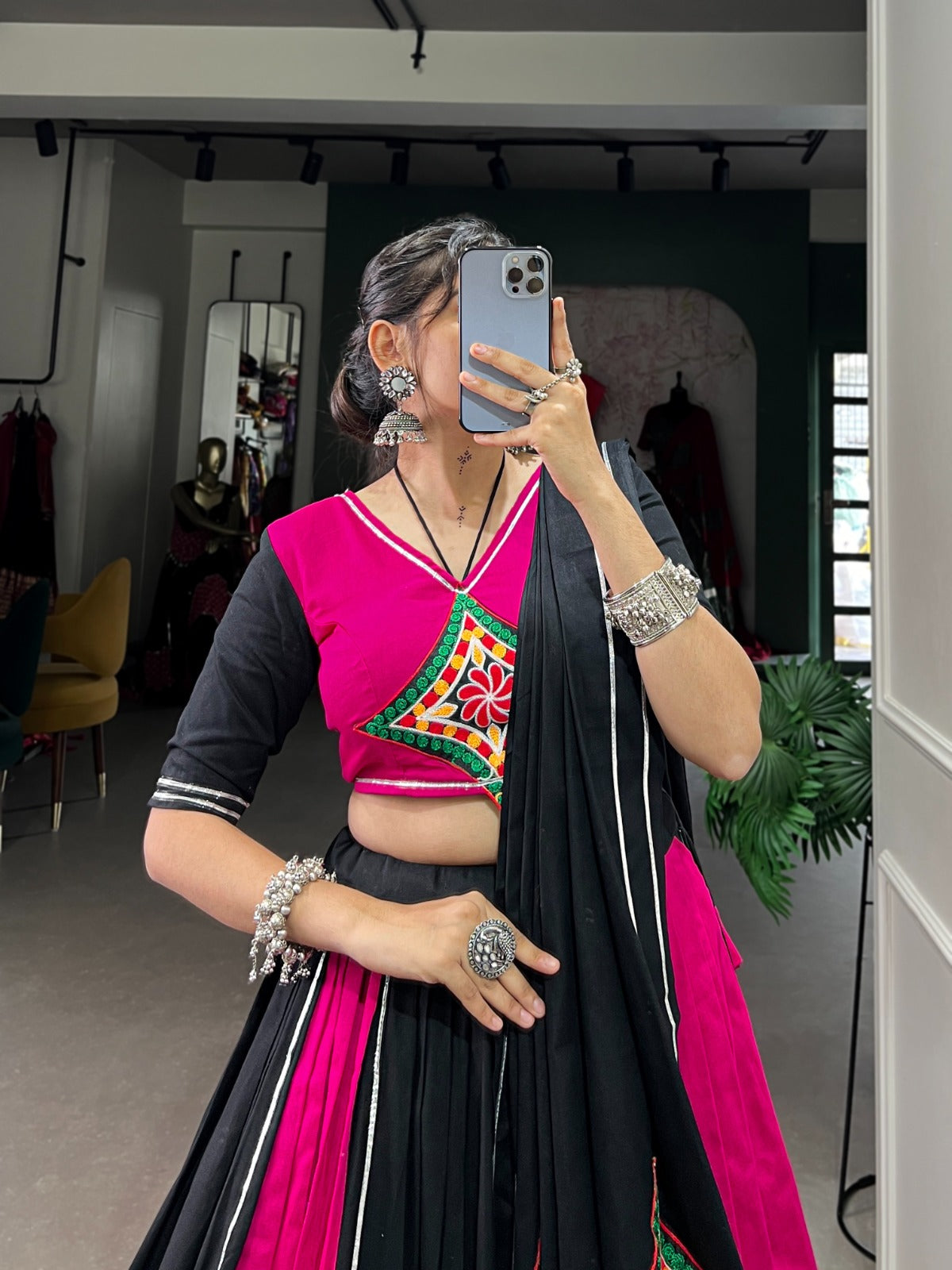 Lorenvalley Pink and Black Plain With Gamthi Patch Work & Gota Patti Lace also cowrie (kodi) lace touch up Lehenga Choli | Swadesiicart