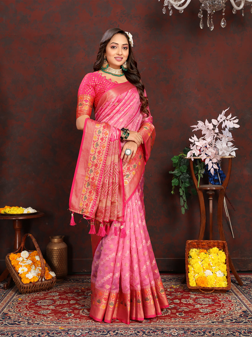 Lorenvalley Fashion Pink Organza Silk Woven Design with Rich Meenakari Weaving Pallu Saree - Swadesiicart