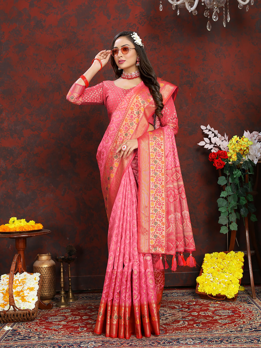 Lorenvalley Fashion Pink Organza Silk Woven Design with Rich Meenakari Weaving Pallu Saree - Swadesiicart