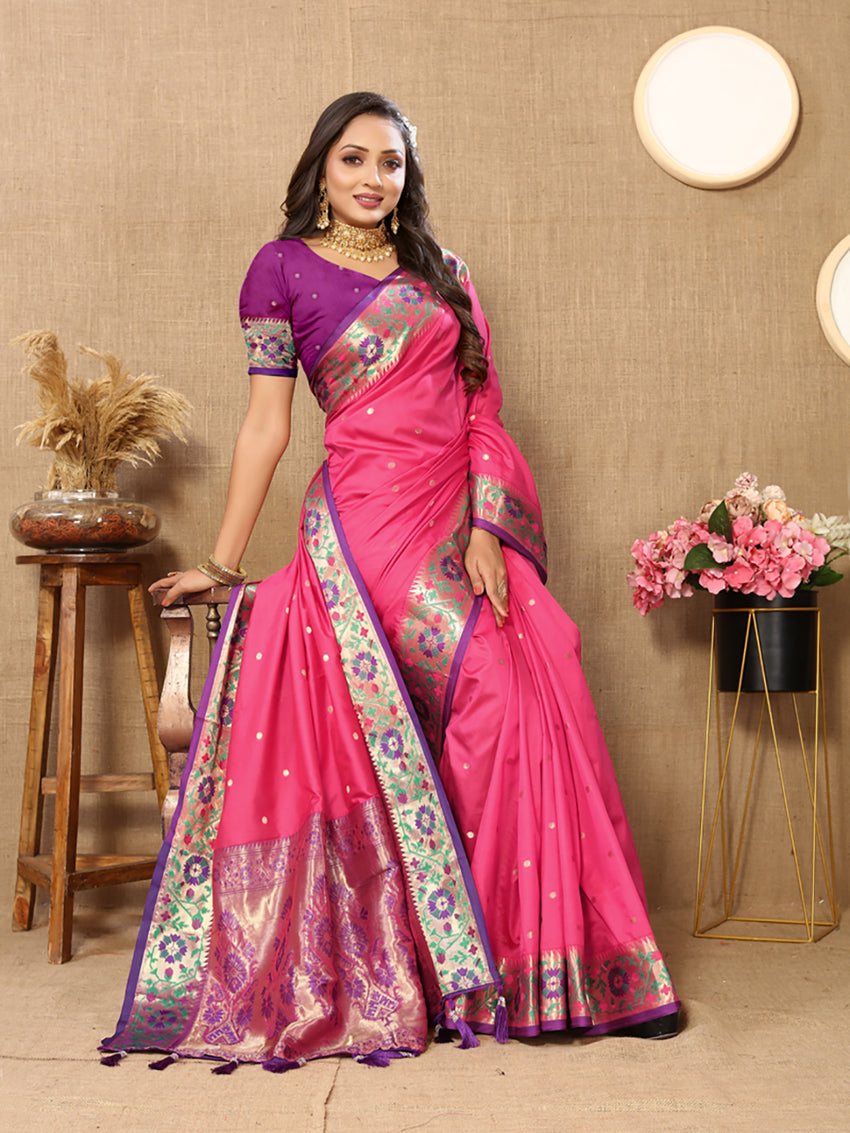 Lorenvalley Fashion Pink Soft Paithani Silk Woven Design Rich Meenakari Zari Weaving Pallu Saree - Swadesiicart